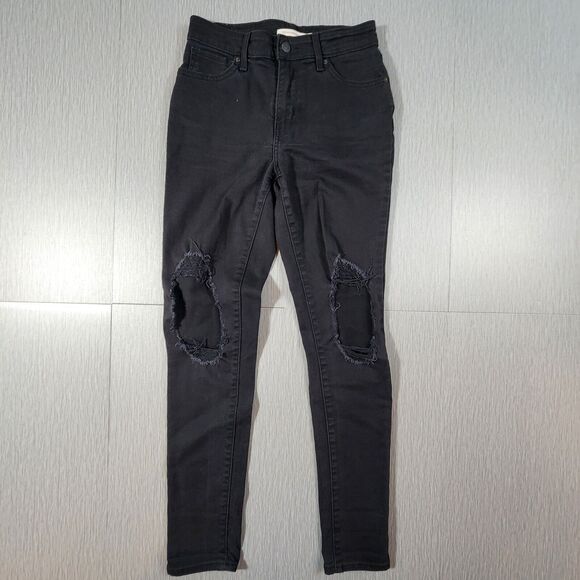 Levis 721 High Rise Skinny Jeans Womens 26 Black Distressed 26x30 - Picture 1 of 14